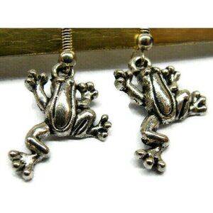 Frog Silver Tone Vertical Drop Dangle Hook Earrings Womans